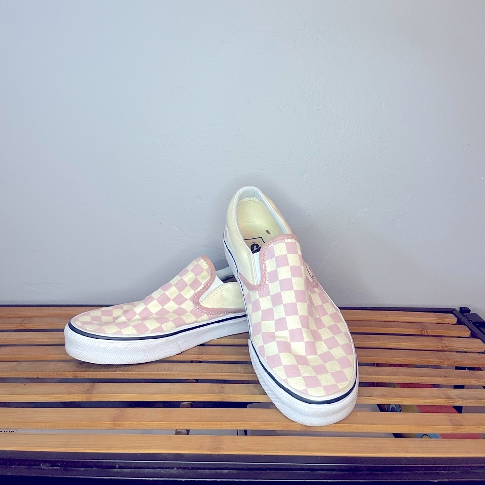 WORN VANS, women’s size 9, lilac and cream checkered slip ons